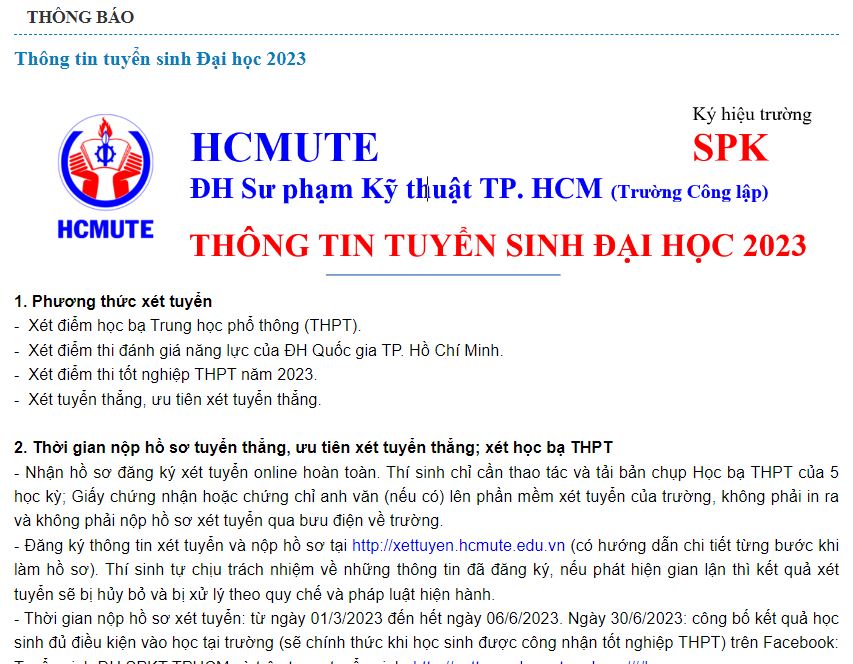 Các phương thức xét tuyển của ĐH sư phạm kỹ thuật TP HCM