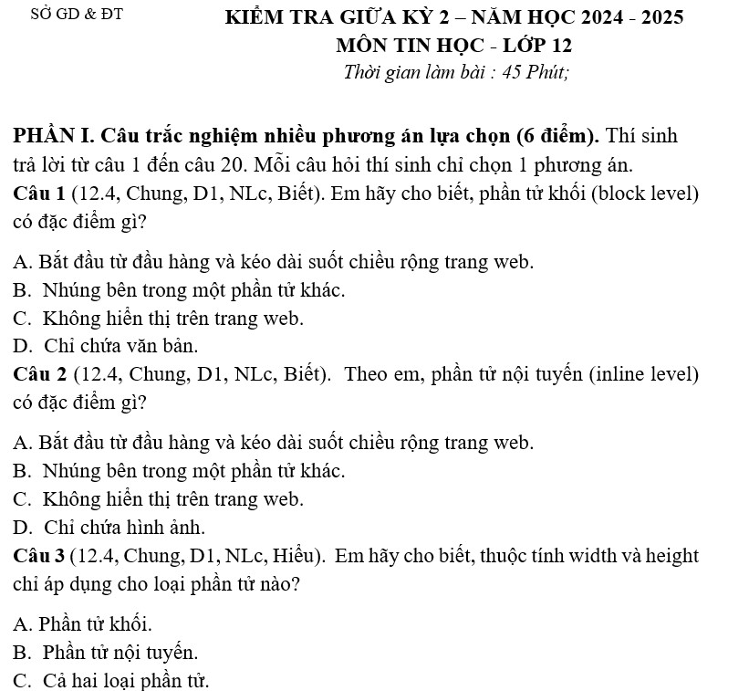đề giữa HK2 tin 12