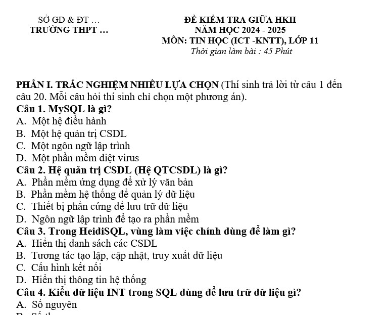 Đề kiểm tra Giữa HKII Tin 11 KNTT ICT
