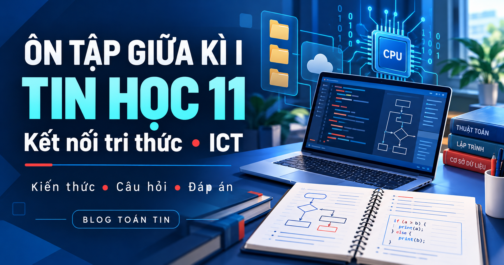 Ảnh bìa ôn tập giữa kì I Tin học 11 Kết nối tri thức, minh họa máy tính, CPU và tài liệu học tập.
